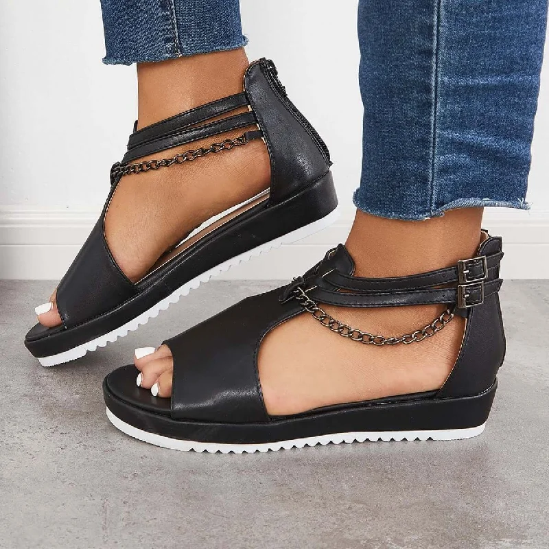 Sohiwoo Women T-Strap Platform Wedge Heel Sandals Ankle Strap Shoes