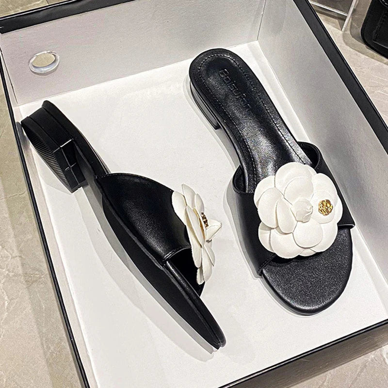 High End Luxury Flower Slippers Women Camellia Shoes Open Toe Slides