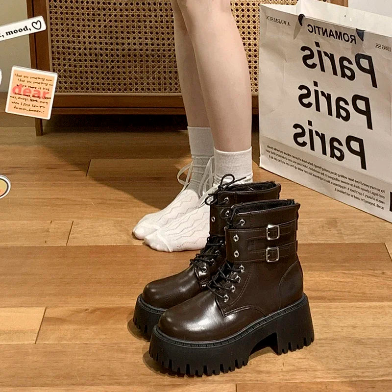 Sohiwoo Autumn Women Motorcycle Boots Fashion Lace Up Short Booties Autumn Winter Female Platform Heel Shoes