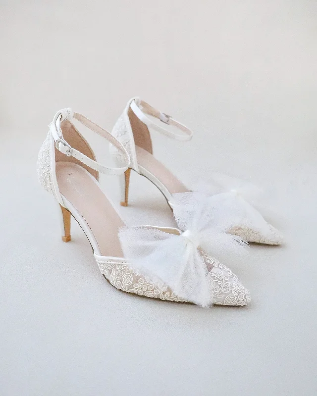 Lace Wedding Heels with Front Tulle Bow