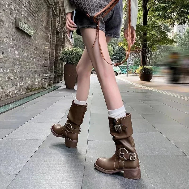 Sohiwoo Square Heel Women Western Cowgirl Boots Fashion Belt Buckle Shoes Retro Style Autumn Winter Ladies Knight Mid Calf Booties