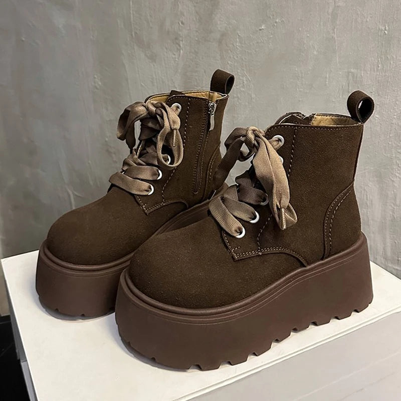 Sohiwoo Winter Platform Heel Women Ankle Boots Fashion Lace Up Knight Short Booties Designer Botas De Mujer