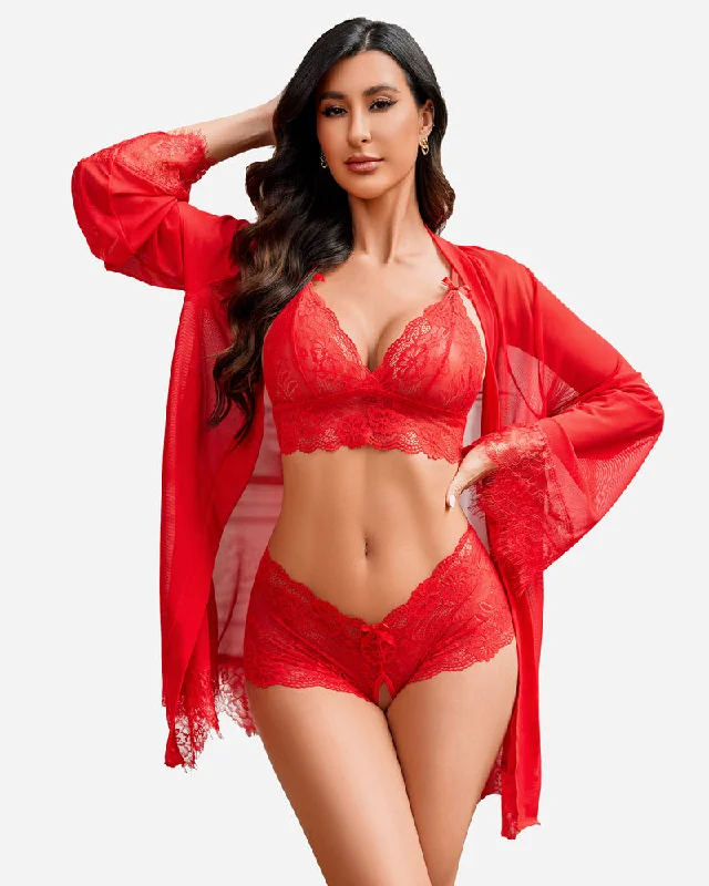 3 Piece Lace Kimono Robe with Bra and Panty