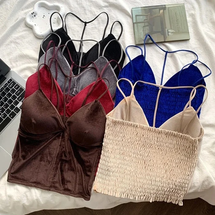 Flourish High Quality Pure Velvet Cross Strips Back Spaghetti Crop Top