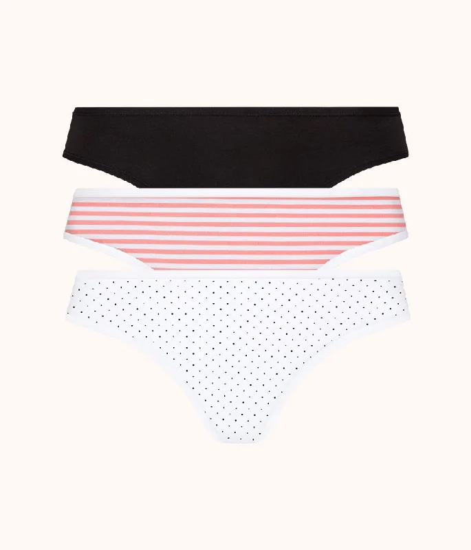 The Cotton Thong Bundle - Print: Mini Polka/Coral Stripe/Jet Black