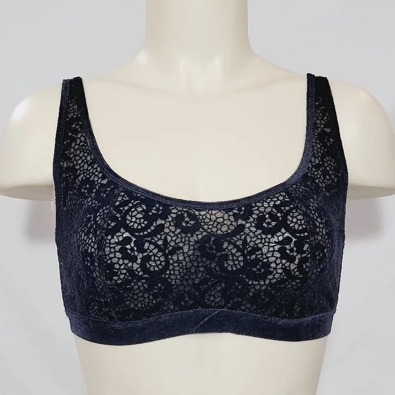 Gilligan & O'Malley Velour & Mesh Unlined Wired Bralette Bra MEDIUM Black